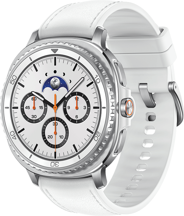 White and silver watch with moon phase, three chronograph subdials, and white strap.