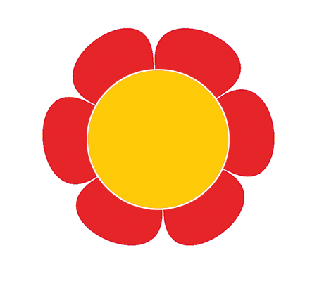 A simple red flower with a yellow center, outlined in white, on a white background.