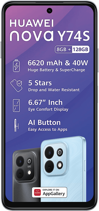 A HUAWEI nova Y74S smartphone in black, displaying key features like 6620 mAh battery, 6.67-inch display, and AppGallery.
