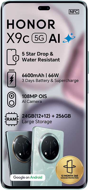 Honor X9c 5G AI phone ad: 5-star drop/water resistant, 6600mAh, 108MP OIS camera, 24+256GB storage.