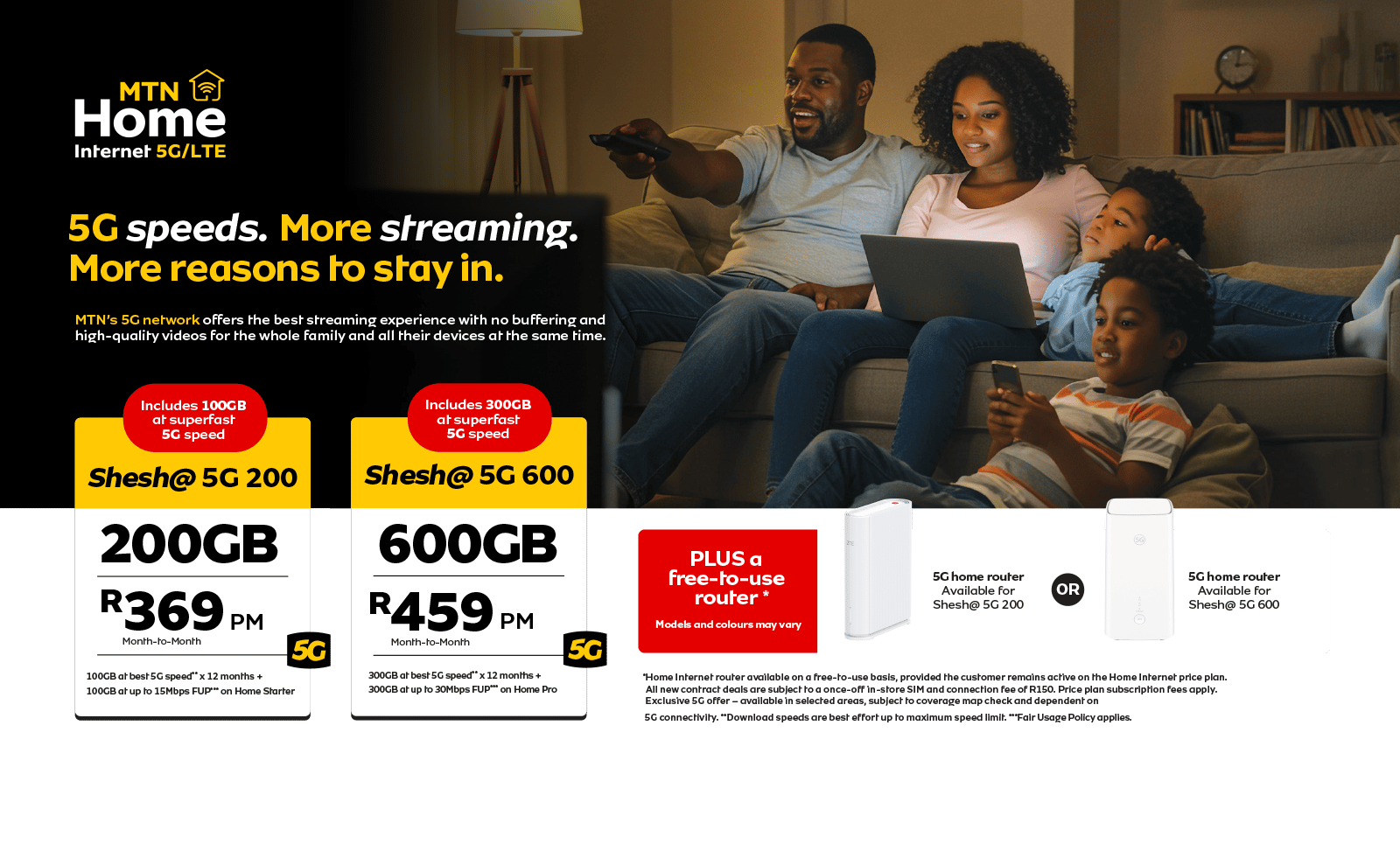 MTN 5G Home Internet plans: family streaming, data options (200GB/600GB), and free router.