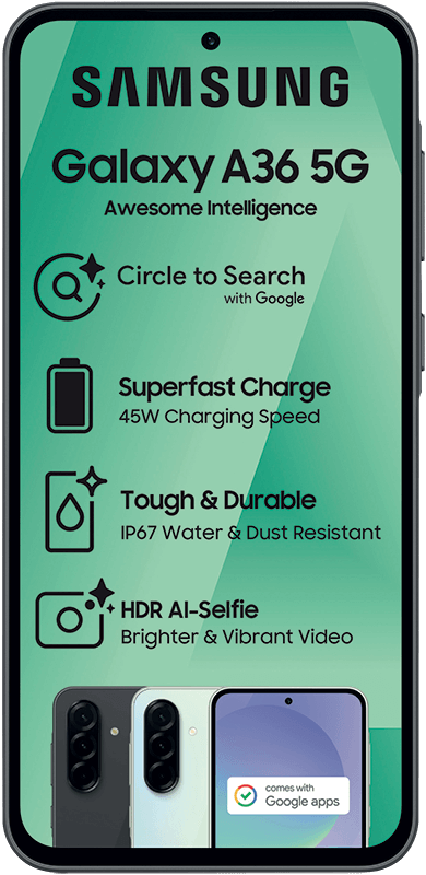 Samsung Galaxy A36 5G phone. Features: Circle to Search, Superfast Charge, Tough & Durable, HDR AI-Selfie.
