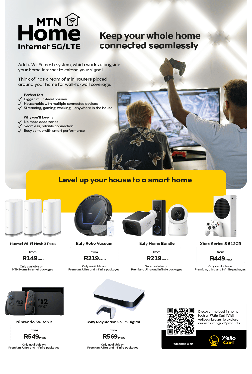 MTN Home Internet ad featuring mesh Wi-Fi, smart home devices, and gaming consoles with prices.