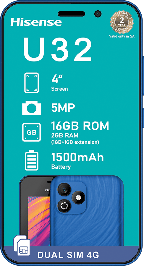 Hisense U32 phone with 4-inch screen, 5MP camera, 16GB ROM (2GB RAM), 1500mAh battery, and Dual SIM 4G.
