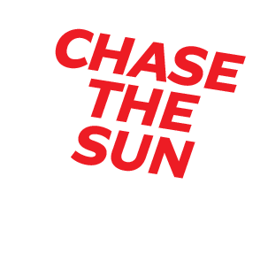 Red bold text "CHASE THE SUN" tilted upwards from left to right on a white background.
