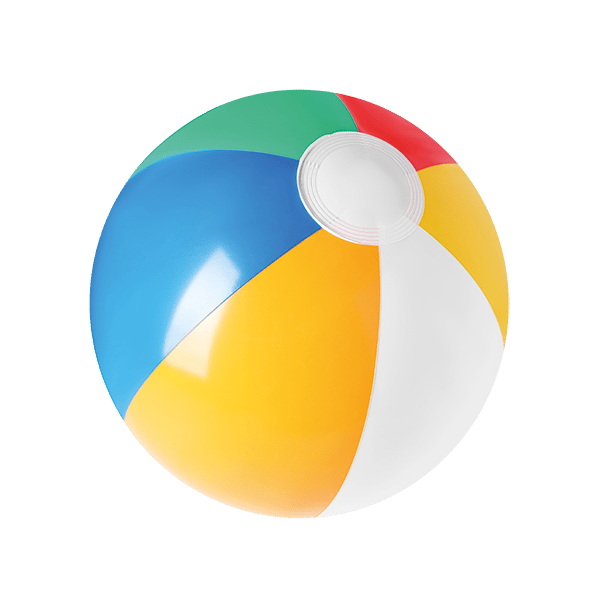 A vibrant beach ball with red, green, blue, yellow, and white panels.