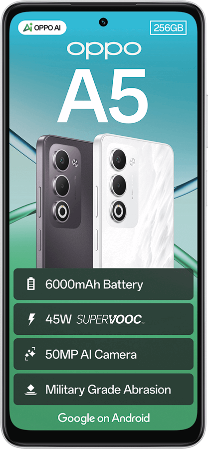 OPPO A5 smartphone ad, showcasing black and white models, with features like 6000mAh battery, 50MP AI camera, 256GB.
