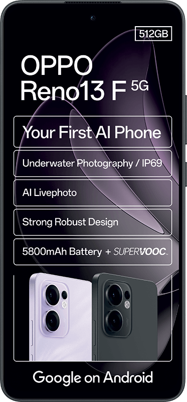 OPPO Reno13 F 5G smartphone (512GB) with AI, IP69, large battery, and Android features.