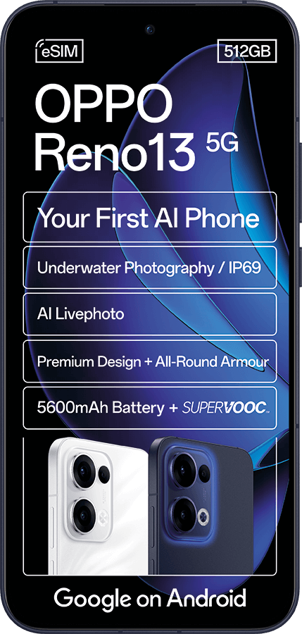 OPPO Reno13 5G phone ad: "Your First AI Phone", eSIM, 512GB, IP69, 5600mAh battery, SuperVOOC.