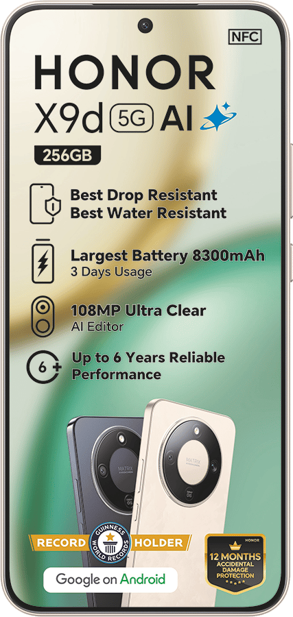 Honor X9d 5G AI phone ad, Guinness Record Holder, 8300mAh battery, 108MP camera.
