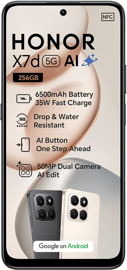 HONOR X7d 5G AI phone (256GB): 6500mAh battery, 50MP dual camera, drop & water resistant.