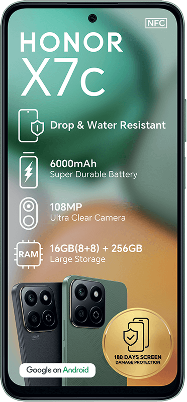 Honor X7c smartphone ad: Drop/water resistant, 6000mAh battery, 108MP camera, 256GB storage.