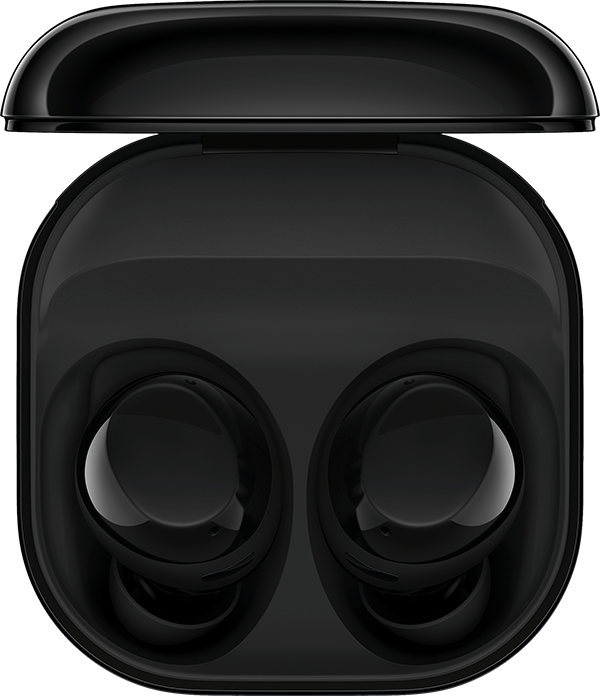 Top-down view of an open black earbud charging case with two black earbuds.