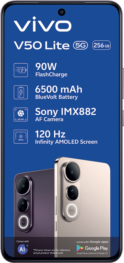 Vivo V50 Lite 5G phone (256GB) with 90W charging, 6500mAh battery, Sony IMX882 camera, 120Hz screen.