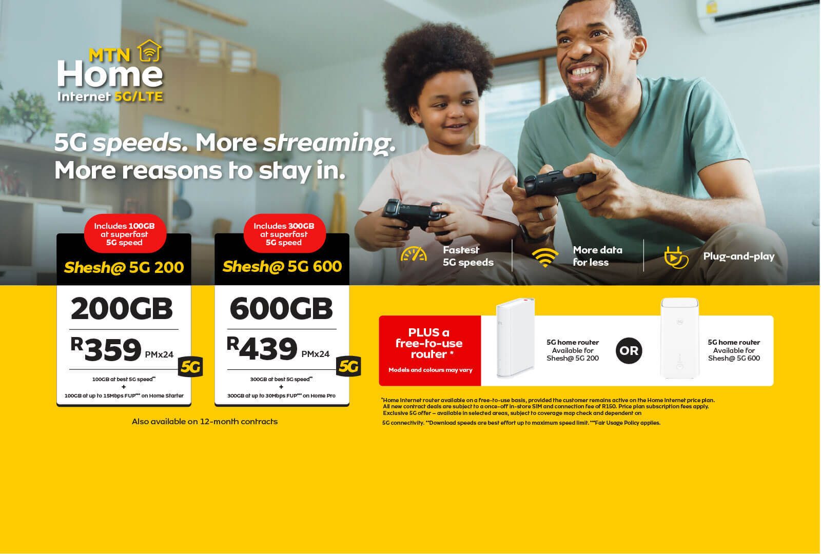 MTN Home Internet 5G/LTE ad with father and son gaming, showcasing 200GB and 600GB data bundles.