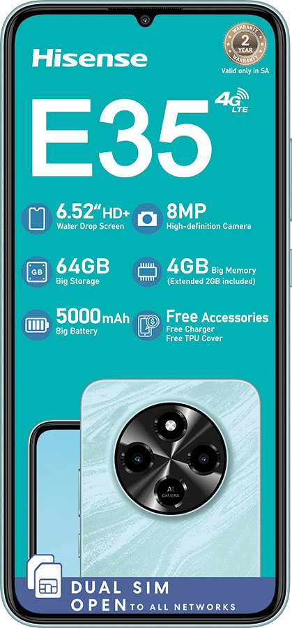 Hisense E35 phone: 6.52" HD+ screen, 64GB storage, 4GB RAM, 5000mAh battery, 8MP camera.