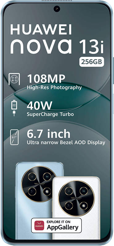 Huawei Nova 13i smartphone: 108MP camera, 40W SuperCharge, 6.7" display, 256GB.