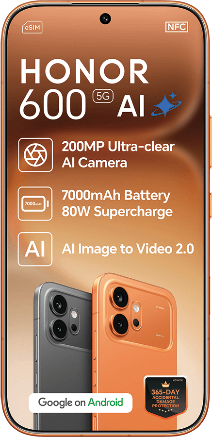 An Honor 600 5G AI smartphone highlighting its 200MP camera, 7000mAh battery, AI features, and Android.