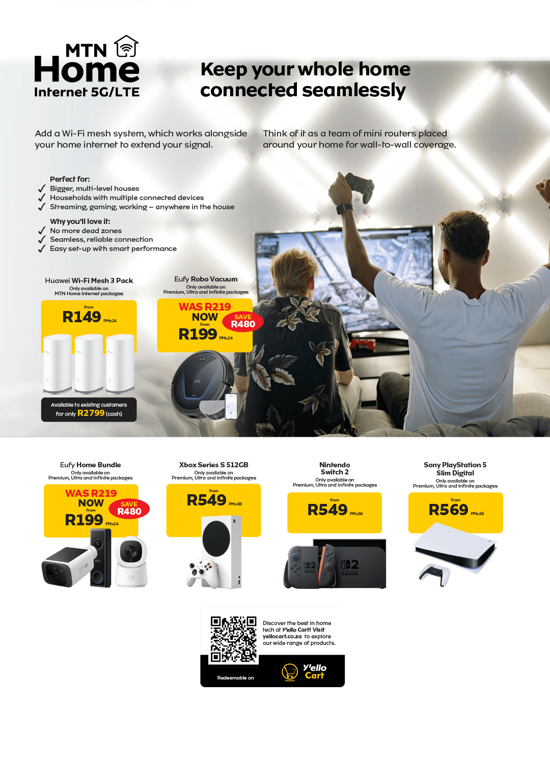 MTN Home Internet ad featuring Wi-Fi mesh, smart home tech, and gaming consoles with pricing.
