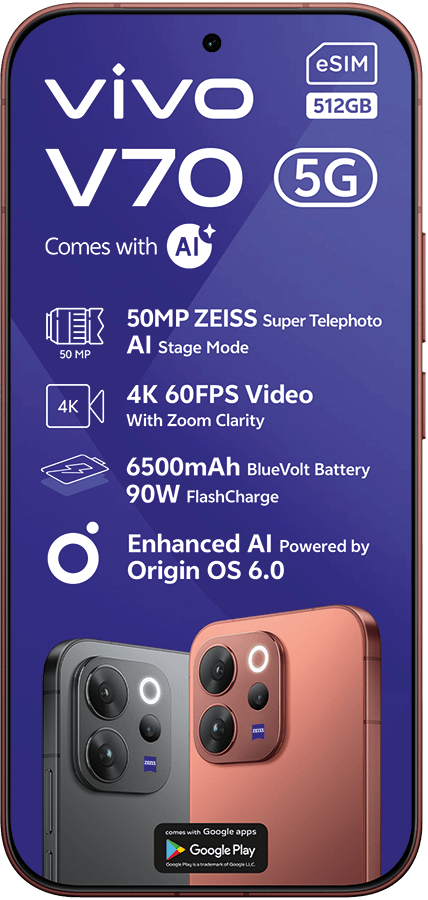 Advertisement for the Vivo V70 5G phone, highlighting its 50MP ZEISS camera, 6500mAh battery, and AI features.