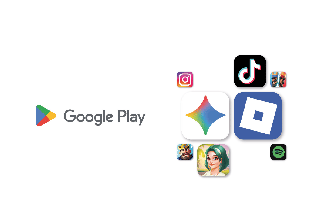 Google Play logo on left, with various app icons like Instagram, TikTok, Roblox, Spotify, and games on the right.