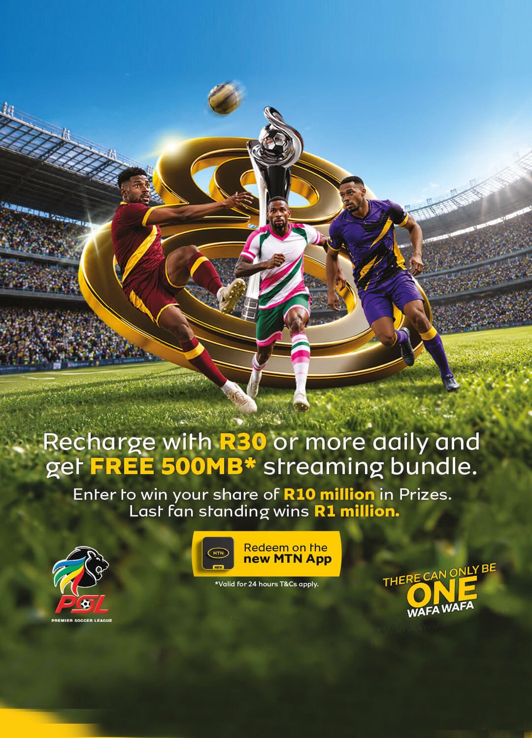 Three soccer players in a stadium promoting MTN R30 recharge, 500MB streaming, and prizes.