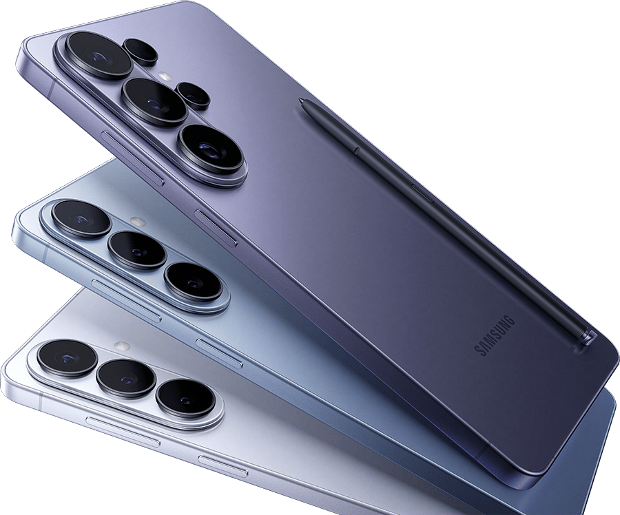 Three Samsung Galaxy smartphones in purple, blue, and silver, showing their back cameras and an S Pen.