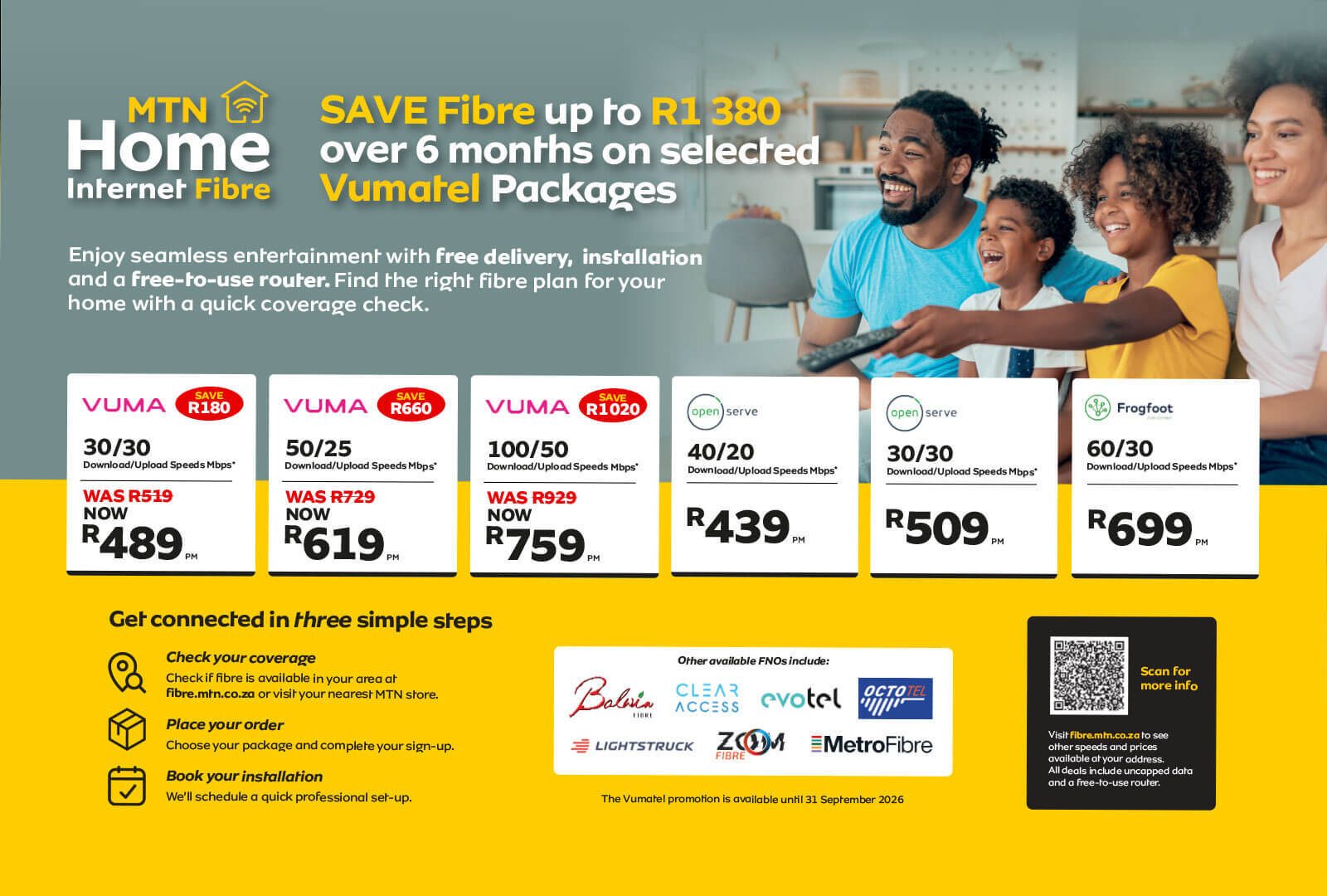 MTN Home Internet Fibre ad shows a family enjoying entertainment, with Vumatel and other fibre package offers.