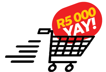 Shopping cart with red 'R5 000 YAY!' prize graphic.