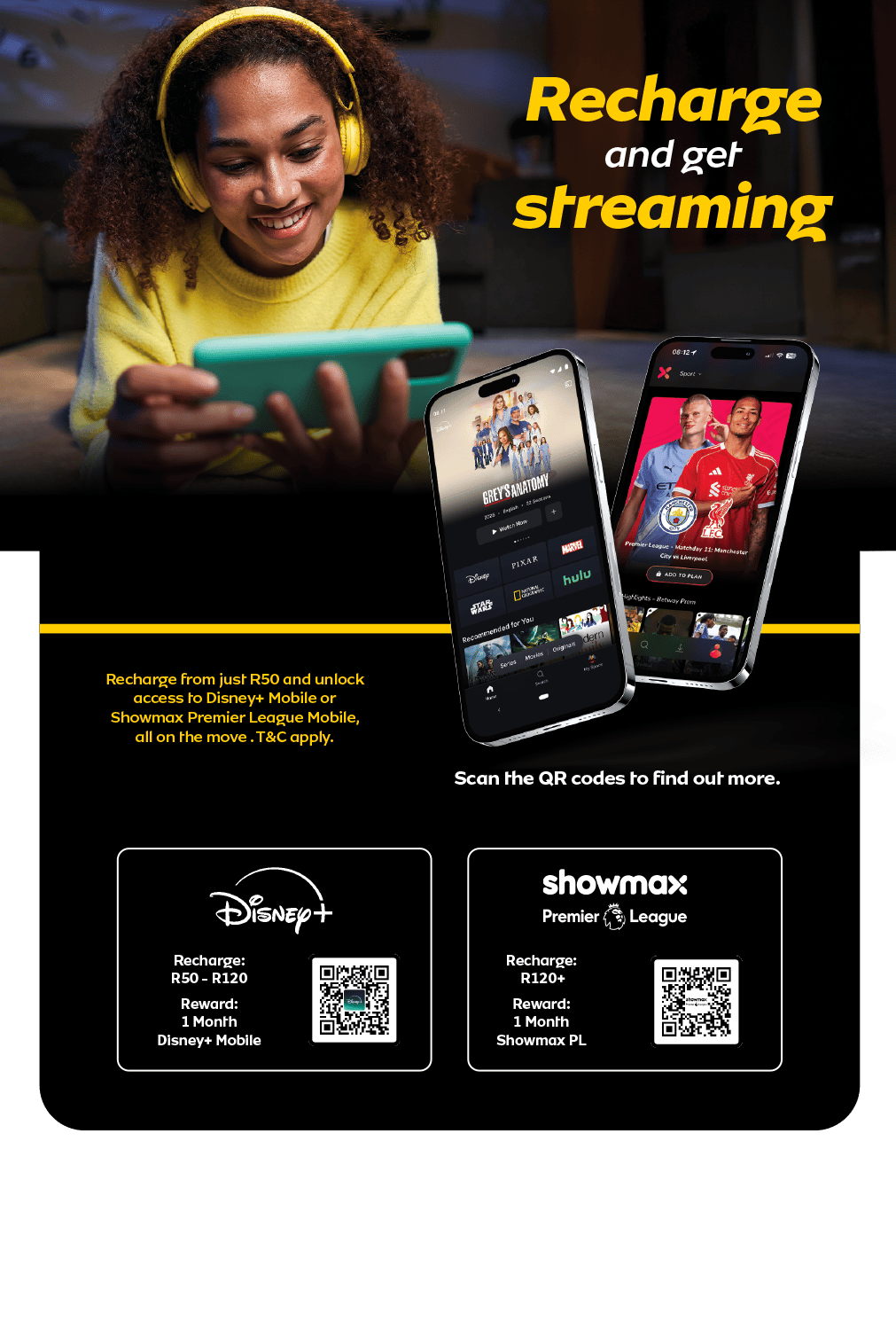 Girl streaming content on phones. Recharge to get Disney+ Mobile or Showmax Premier League. QR codes.