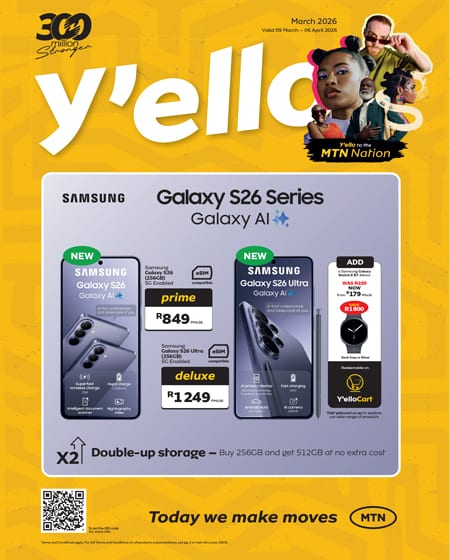 MTN y'ello ad for Samsung Galaxy S26 Series phones with prime and deluxe offers.