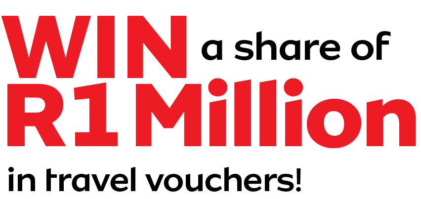 Advertisement with 'WIN a share of R1 Million in travel vouchers!' text in red and black.