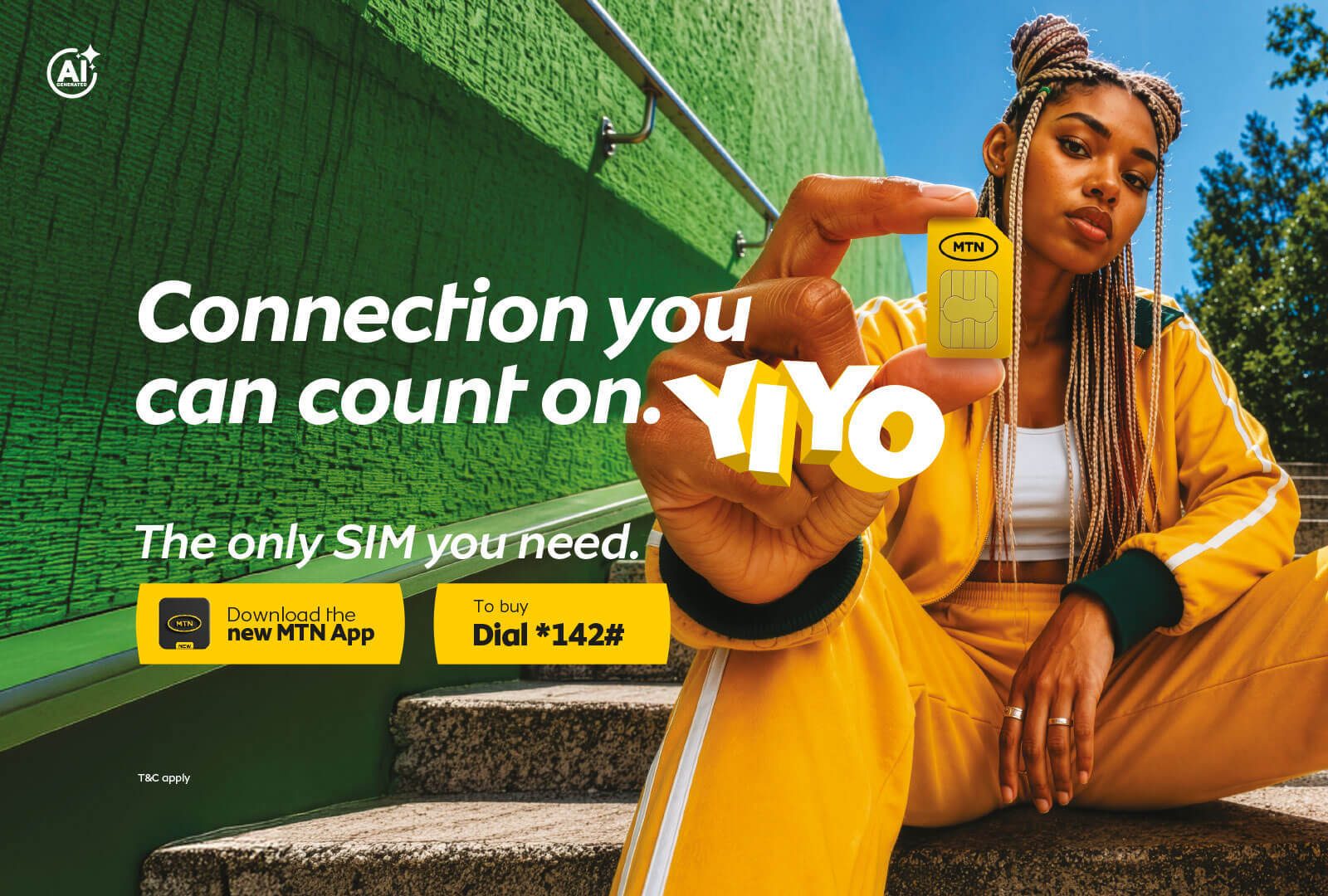 A woman in a yellow tracksuit holds up a gold MTN SIM card with "Connection you can count on. YIYO" text.
