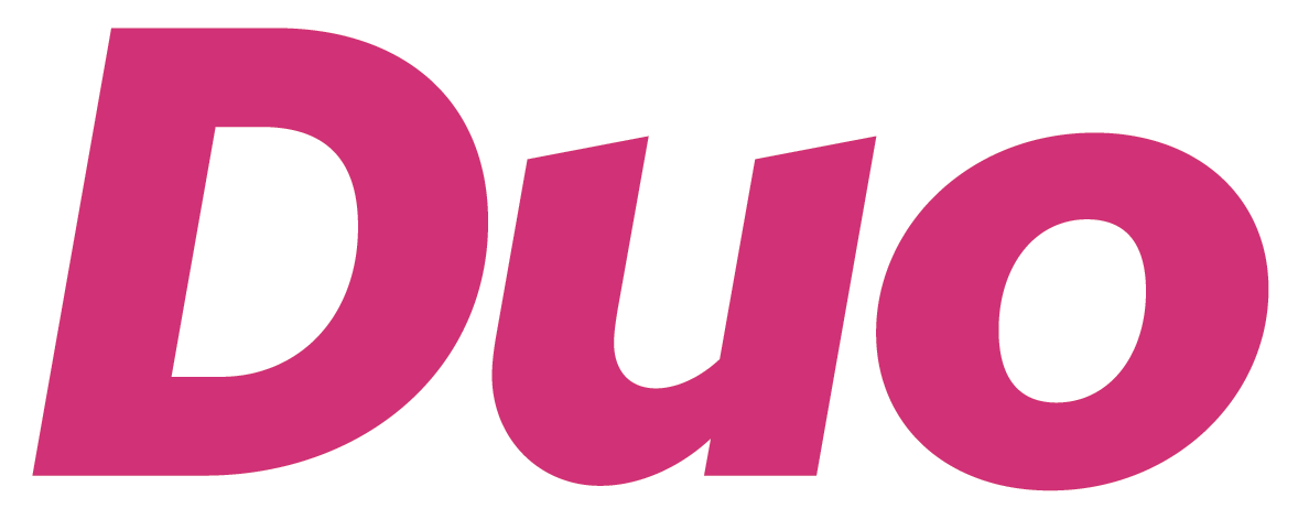 The word "Duo" in a bold, stylized pink font with a white outline, on a dark green background.