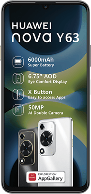 Huawei Nova Y63 phone showcasing 6000mAh battery, 6.75" display, 50MP AI camera, and AppGallery.