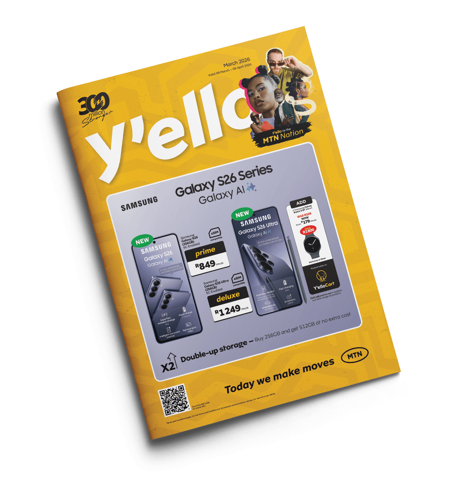 MTN Y'ello magazine cover advertising Samsung Galaxy S26 Series phones and smartwatches.