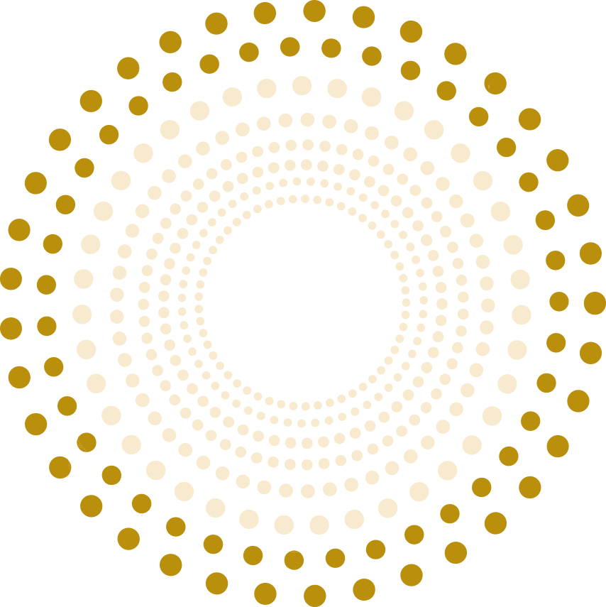 Concentric gold and cream dots forming a spiral pattern on a dark green background.