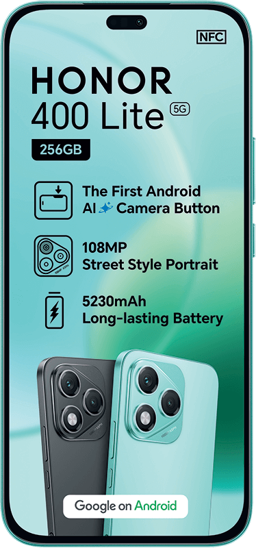 An HONOR 400 Lite 5G smartphone ad showcasing 256GB, 108MP camera, 5230mAh battery, and Android OS.