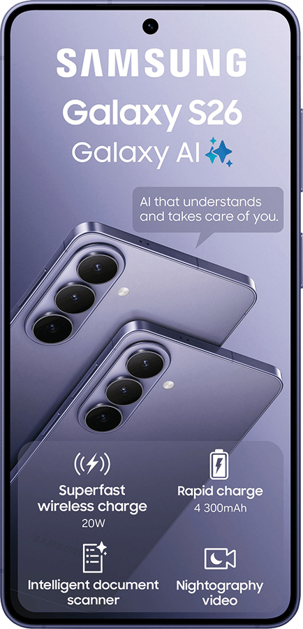 Samsung Galaxy S26 AI phone showcasing fast wireless/rapid charging, intelligent scanner, and nightography.