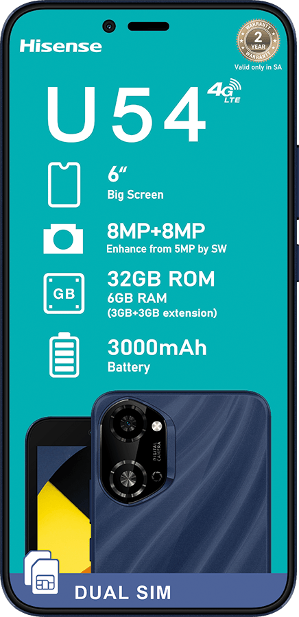 Hisense U54 smartphone: 6" screen, 8MP+8MP camera, 32GB ROM, 6GB RAM, 3000mAh battery, Dual SIM.