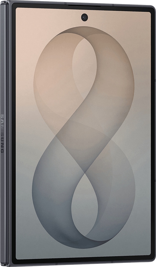 Dark gray Samsung foldable phone or tablet, vertical, displaying an abstract beige and gray "8" wallpaper.