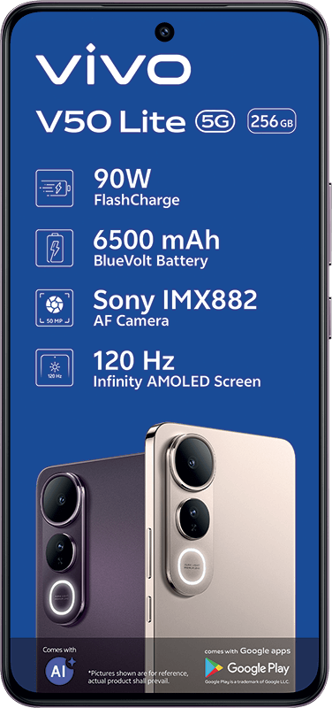 Vivo V50 Lite 5G phone ad: 90W FlashCharge, 6500mAh battery, Sony IMX882, 120Hz AMOLED.