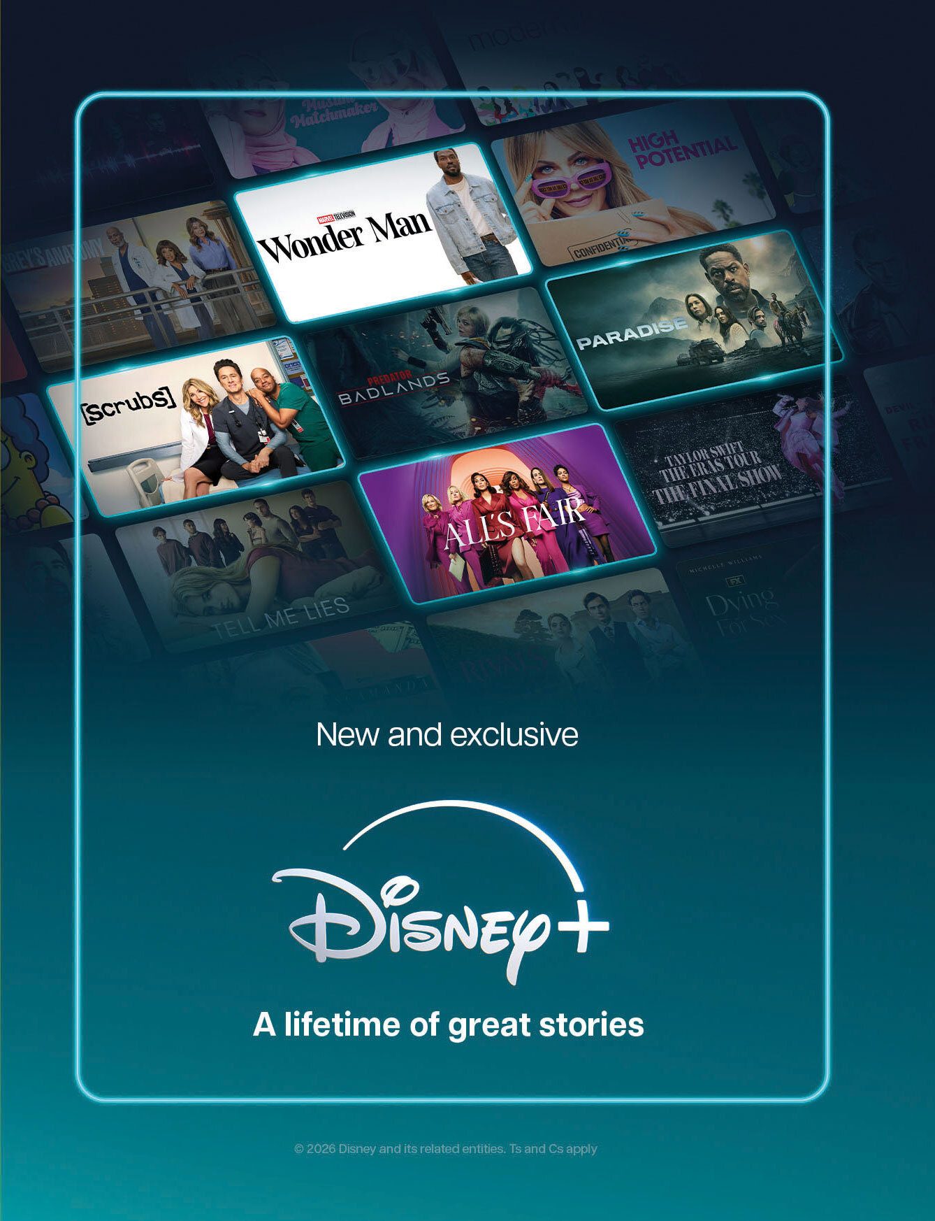 Disney+ ad showing new and exclusive movies/shows: Wonder Man, Scrubs, All's Fair, etc.