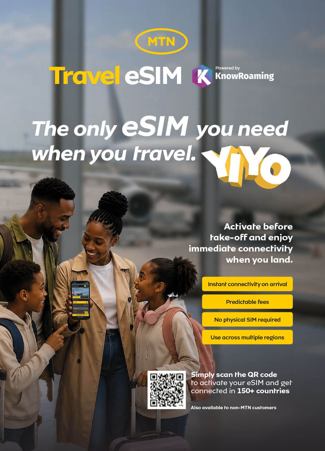 A family at an airport smiles, looking at a phone showcasing MTN Travel eSIM for global connectivity.