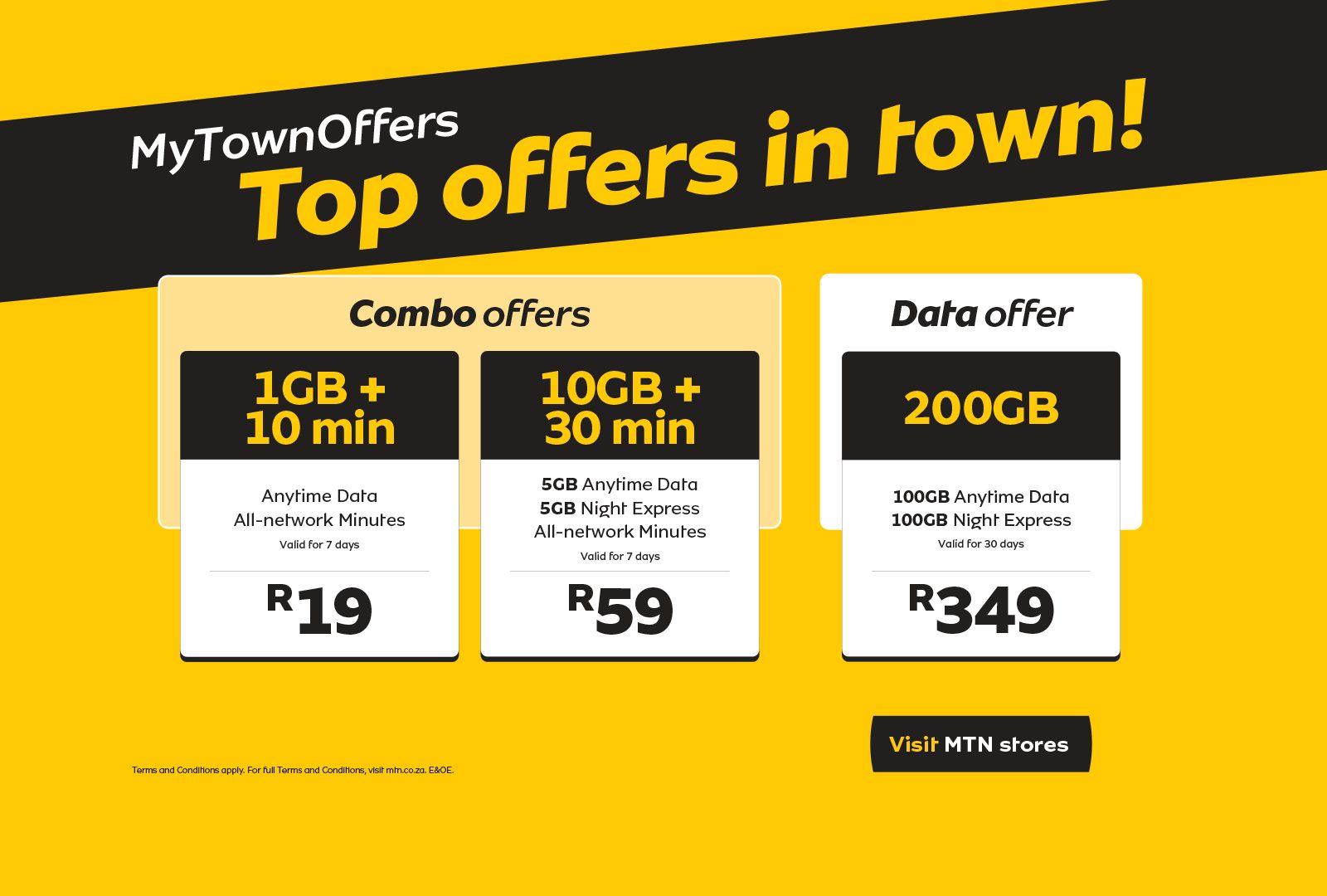 Advertisement for MTN MyTownOffers with three data and combo bundles: 1GB+10min for R19, 10GB+30min for R59, and 200GB for R349.