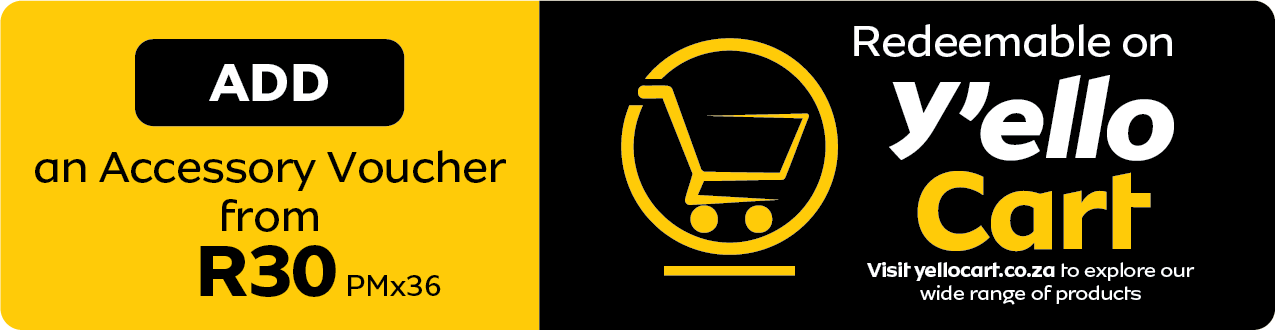 Ad for an accessory voucher from R30 (PMx36) redeemable on Yello Cart, with website link to explore products.