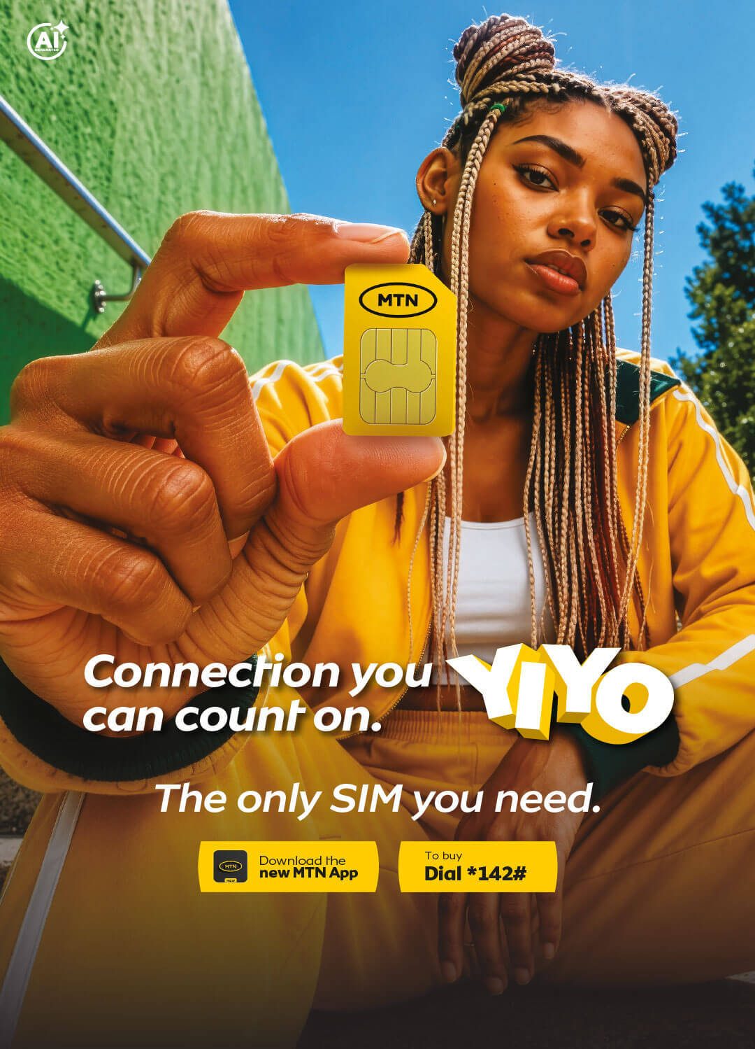 Woman in yellow holding an MTN SIM card, advertising 'Connection you can count on' and 'The only SIM you need'.