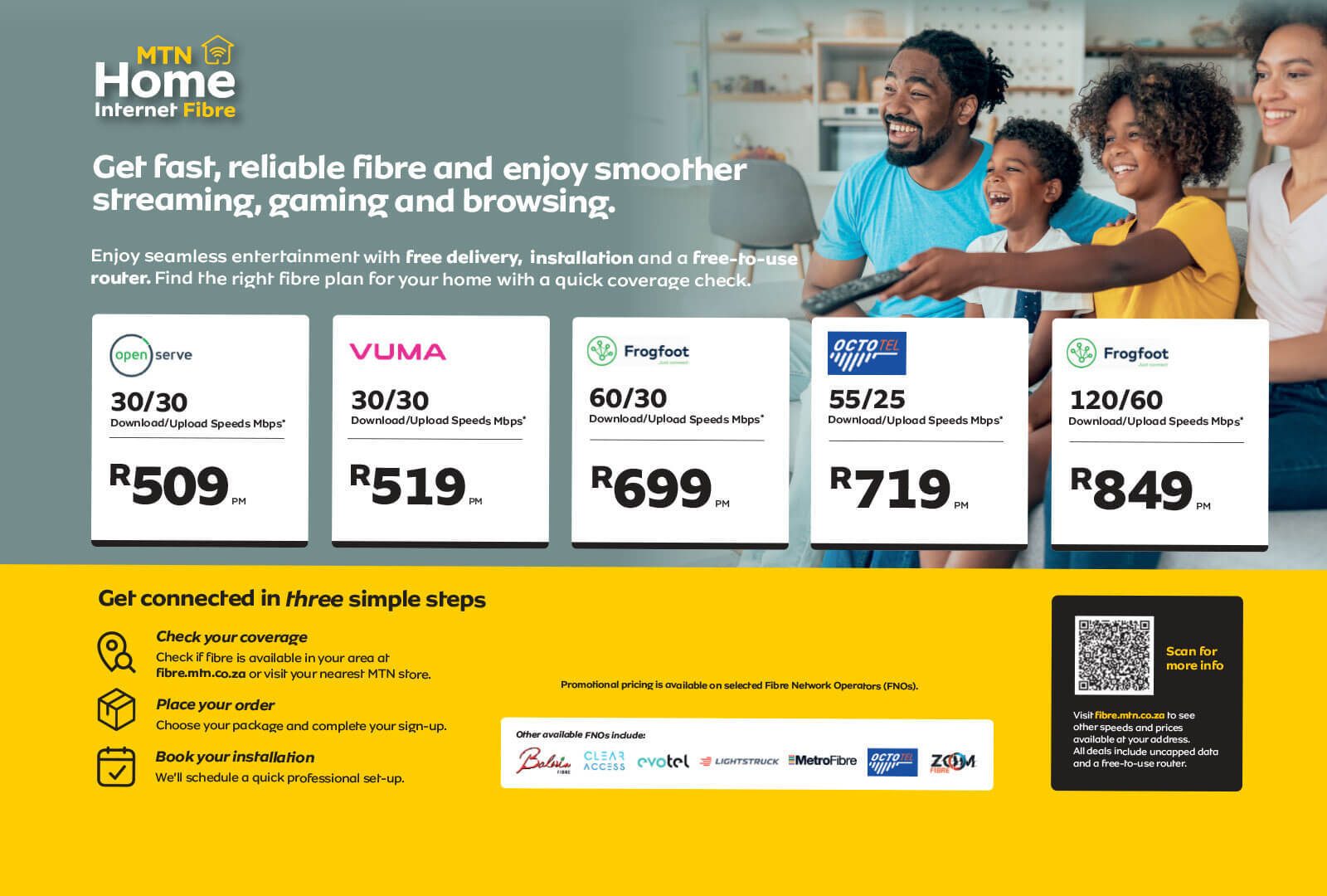 MTN Home Internet Fibre ad showing various plans, a family watching TV, and connection steps.