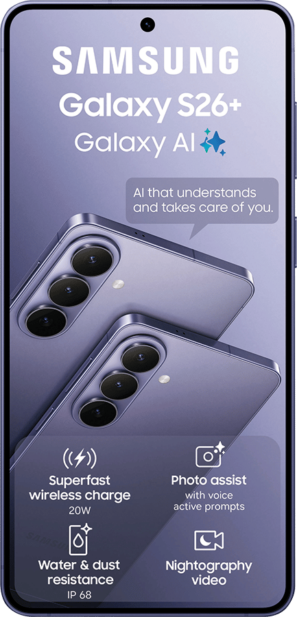 Samsung Galaxy S26+ with AI. Highlights: wireless charging, photo assist, water resistance, Nightography video.