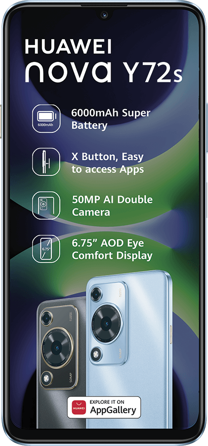 Huawei Nova Y72s phone: 6000mAh battery, 50MP dual camera, 6.75" display. Explore on AppGallery.